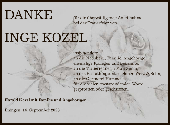 Anzeige von Inge Kozel von Reutlinger General-Anzeiger