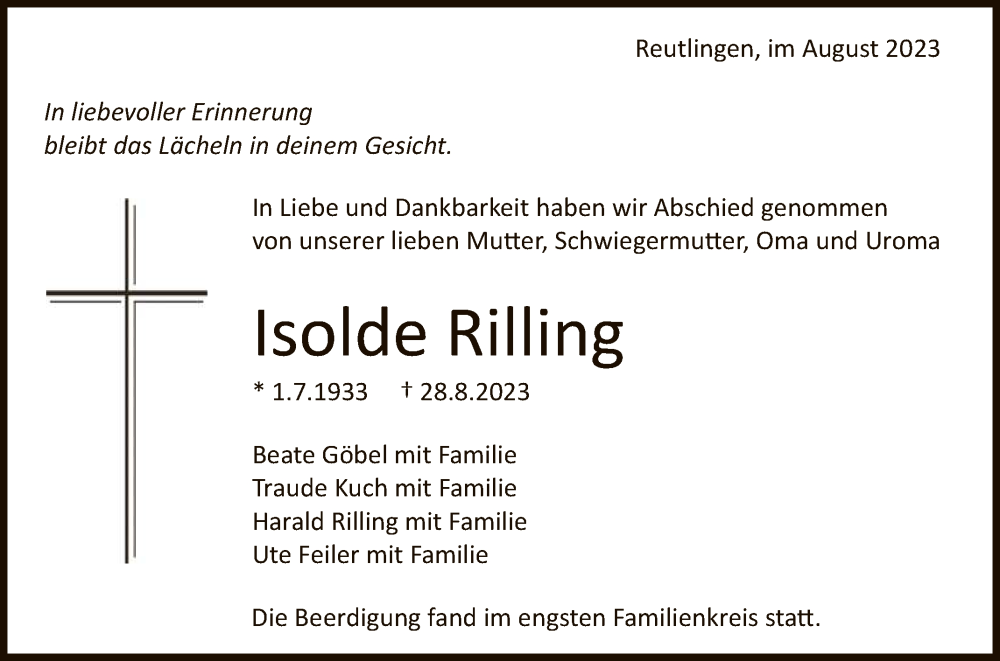  Traueranzeige für Isolde Rilling vom 09.09.2023 aus Reutlinger General-Anzeiger