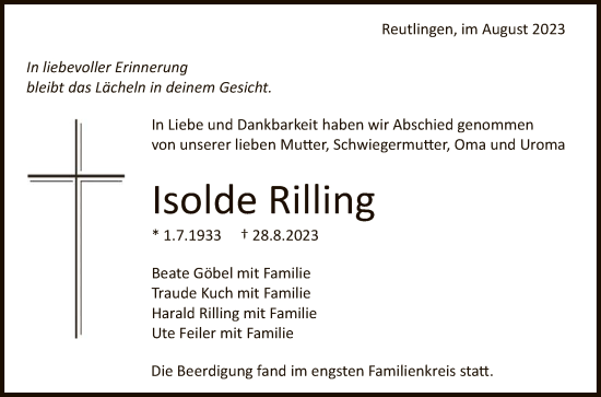 Anzeige von Isolde Rilling von Reutlinger General-Anzeiger