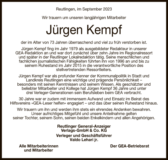 Anzeige von Jürgen Kempf von Reutlinger General-Anzeiger