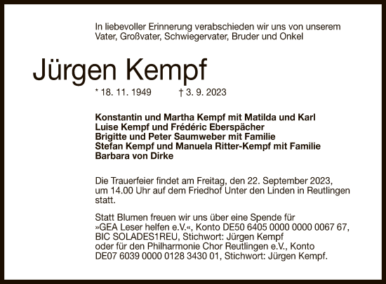 Anzeige von Jürgen Kempf von Reutlinger General-Anzeiger
