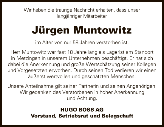 Anzeige von Jürgen Muntowitz von Reutlinger General-Anzeiger