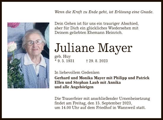 Anzeige von Juliane Mayer von Reutlinger General-Anzeiger