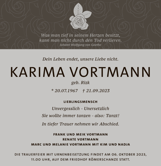 Anzeige von Karima Vortmann von Reutlinger General-Anzeiger
