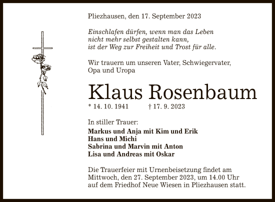 Anzeige von Klaus Rosenbaum von Reutlinger General-Anzeiger