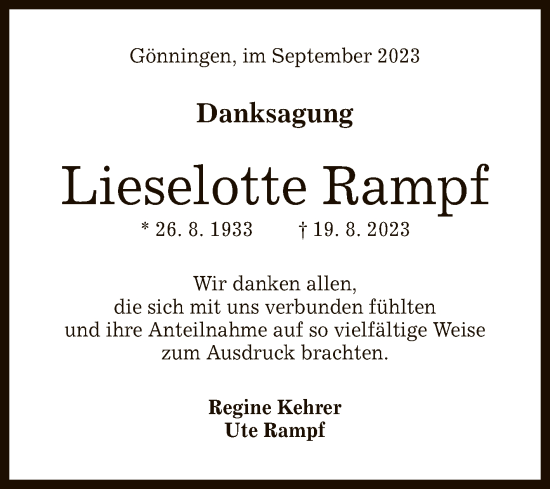 Anzeige von Lieselotte Rampf von Reutlinger General-Anzeiger