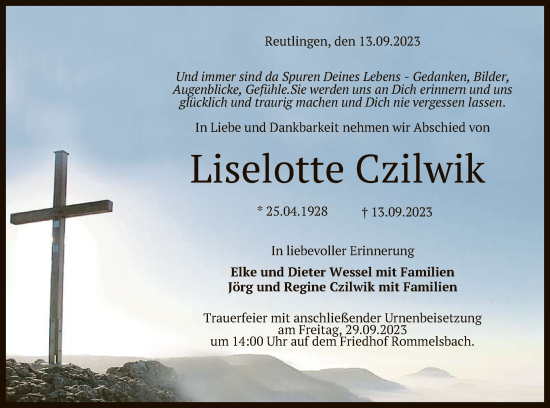 Anzeige von Liselotte Czilwik von Reutlinger General-Anzeiger