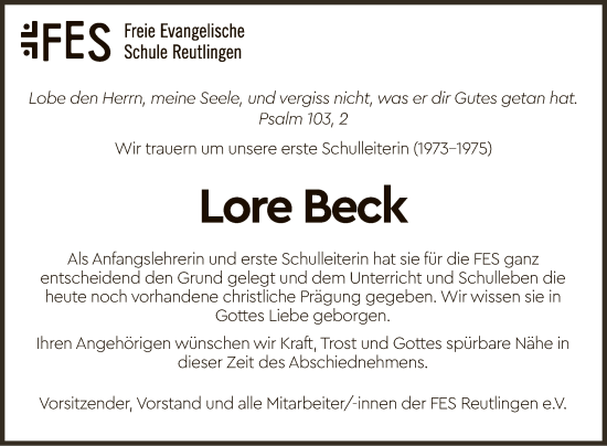 Anzeige von Lore Beck von Reutlinger General-Anzeiger