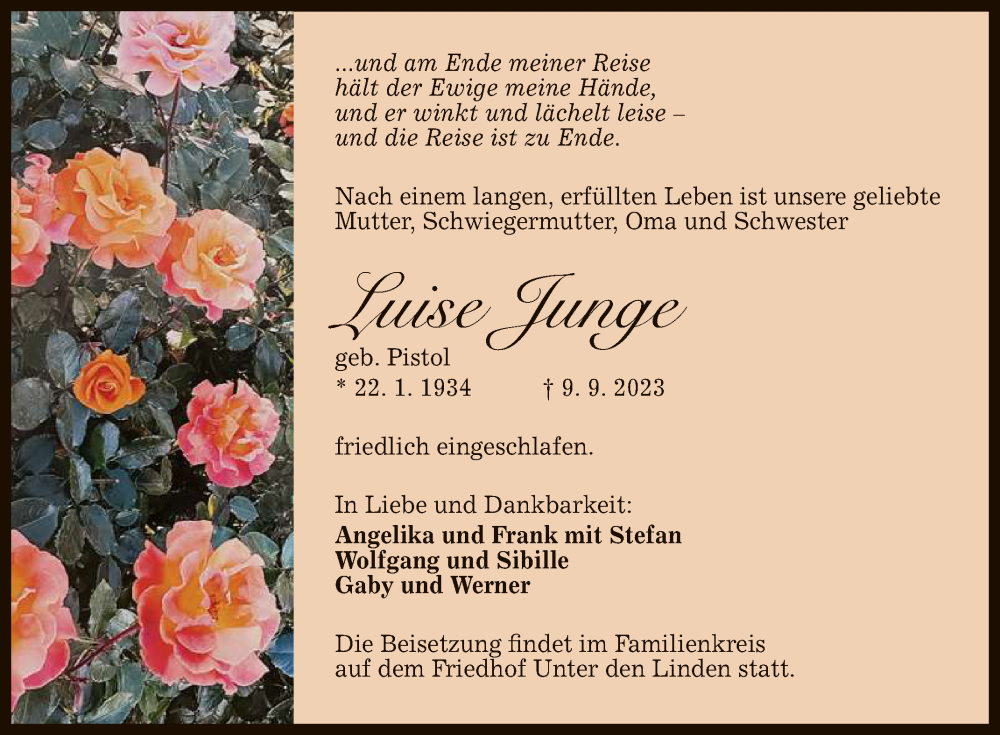  Traueranzeige für Luise Junge vom 16.09.2023 aus Reutlinger General-Anzeiger