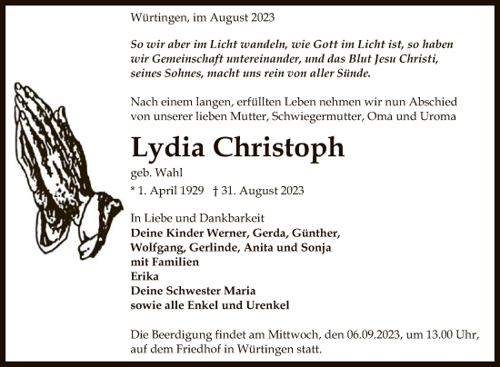 Anzeige von Lydia Christoph von Reutlinger General-Anzeiger