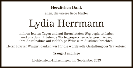 Anzeige von Lydia Herrmann von Reutlinger General-Anzeiger