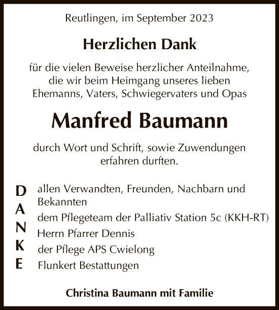Anzeige von Manfred Baumann von Reutlinger General-Anzeiger