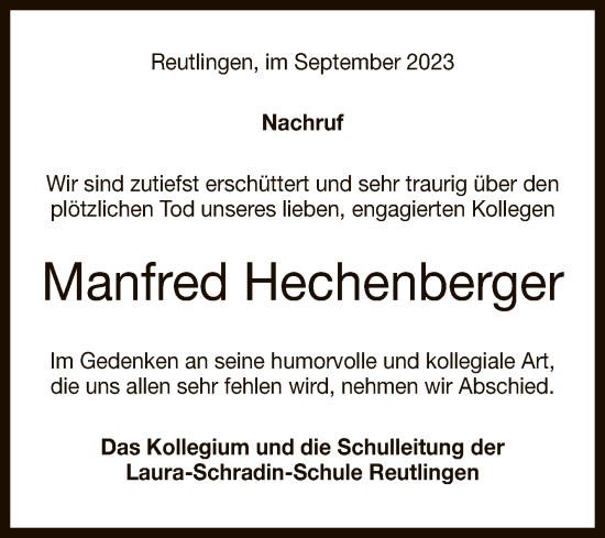 Anzeige von Manfred Hechenberger von Reutlinger General-Anzeiger