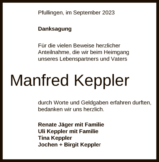 Anzeige von Manfred Keppler von Reutlinger General-Anzeiger