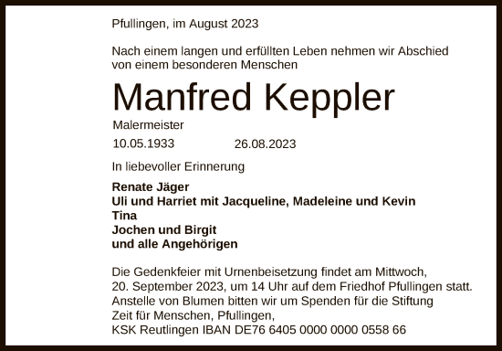Anzeige von Manfred Keppler von Reutlinger General-Anzeiger