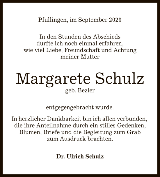 Anzeige von Margarete Schulz von Reutlinger General-Anzeiger