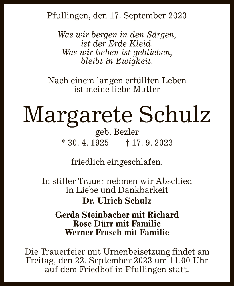  Traueranzeige für Margarete Schulz vom 19.09.2023 aus Reutlinger General-Anzeiger