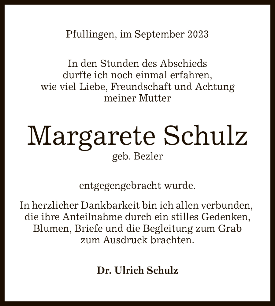  Traueranzeige für Margarete Schulz vom 30.09.2023 aus Reutlinger General-Anzeiger