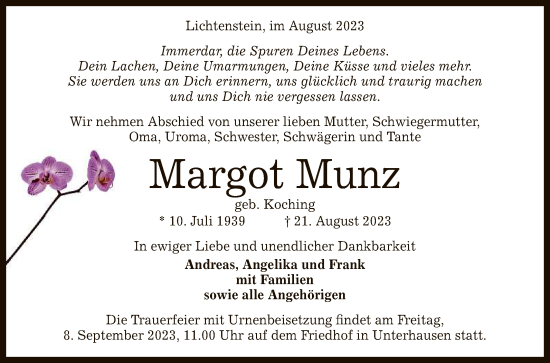 Anzeige von Margot Munz von Reutlinger General-Anzeiger
