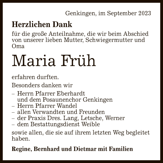 Anzeige von Maria Früh von Reutlinger General-Anzeiger