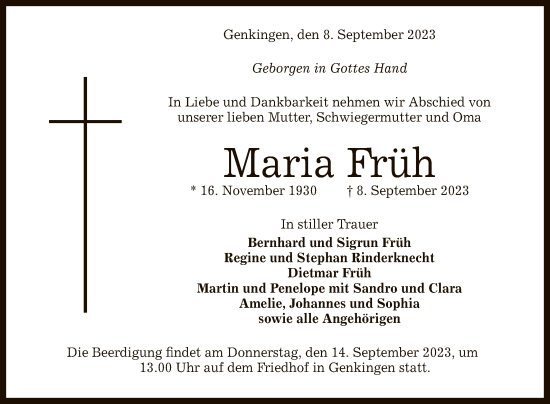 Anzeige von Maria Früh von Reutlinger General-Anzeiger