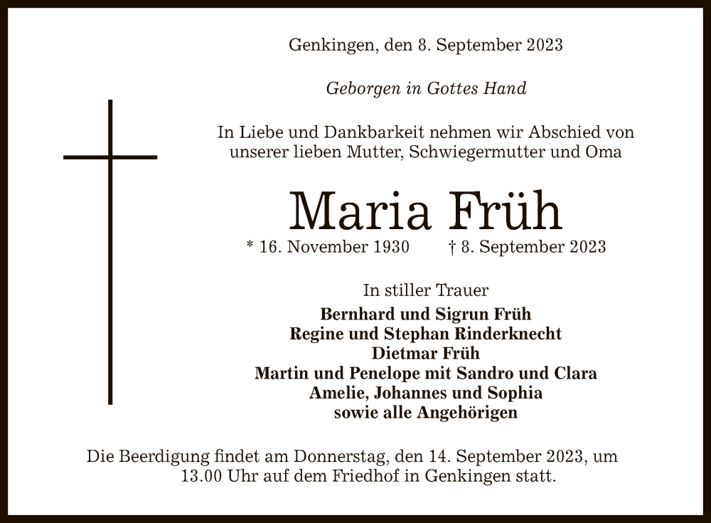 Traueranzeige für Maria Früh vom 12.09.2023 aus Reutlinger General-Anzeiger