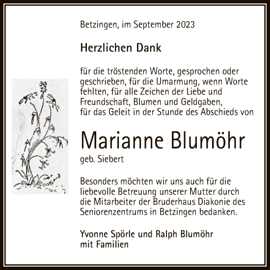 Anzeige von Marianne Blumöhr von Reutlinger General-Anzeiger