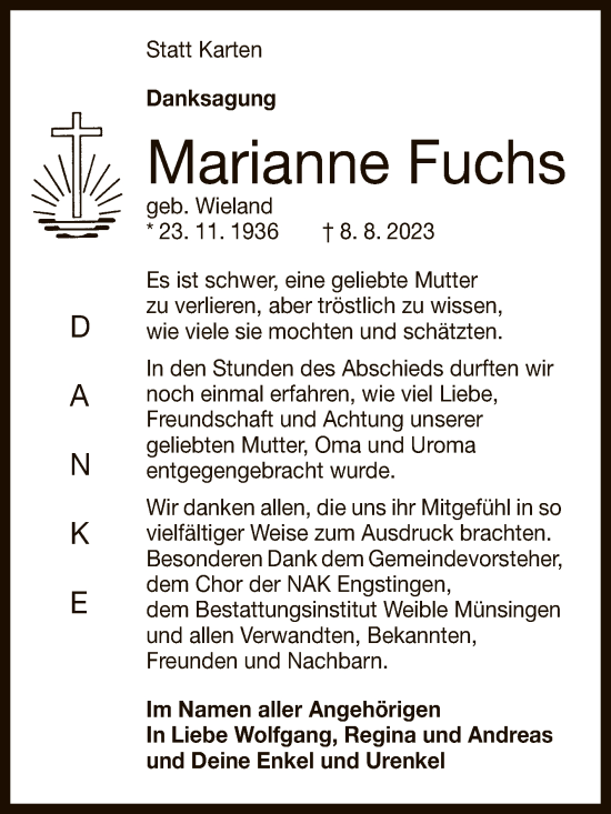 Anzeige von Marianne Fuchs von Reutlinger General-Anzeiger