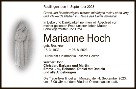 Anzeige von Marianne Hoch von Reutlinger General-Anzeiger