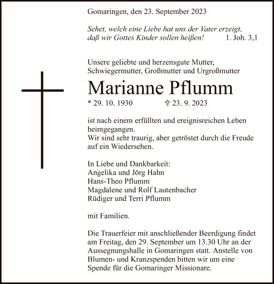 Anzeige von Marianne Pflumm von Reutlinger General-Anzeiger