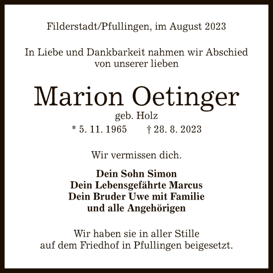Anzeige von Marion Oetinger von Reutlinger General-Anzeiger