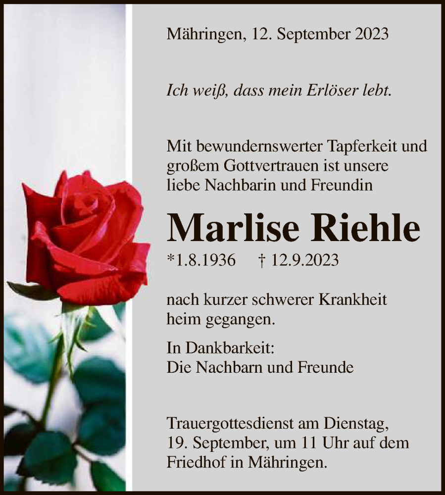  Traueranzeige für Marlise Riehle vom 15.09.2023 aus Reutlinger General-Anzeiger