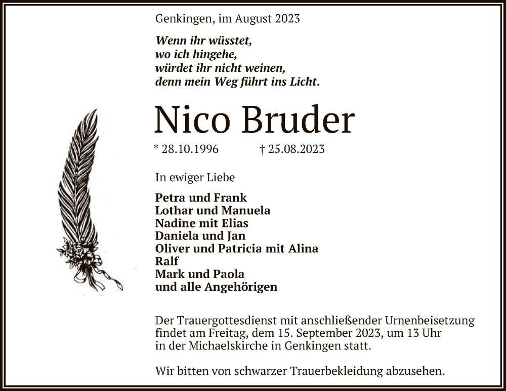  Traueranzeige für Nico Bruder vom 06.09.2023 aus Reutlinger General-Anzeiger