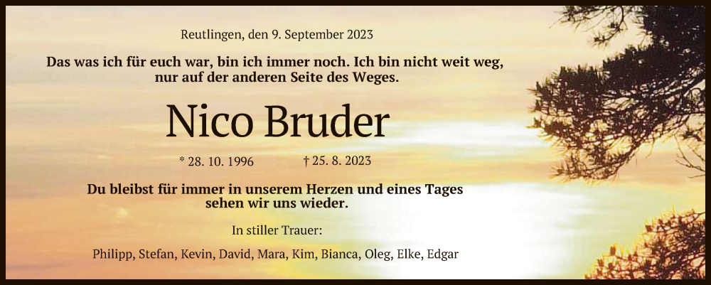  Traueranzeige für Nico Bruder vom 09.09.2023 aus Reutlinger General-Anzeiger