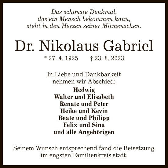 Anzeige von Nikolaus Gabriel von Reutlinger General-Anzeiger