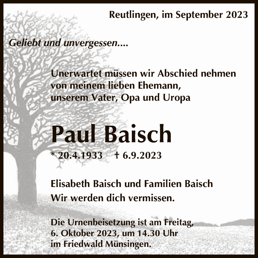  Traueranzeige für Paul Baisch vom 09.09.2023 aus Reutlinger General-Anzeiger