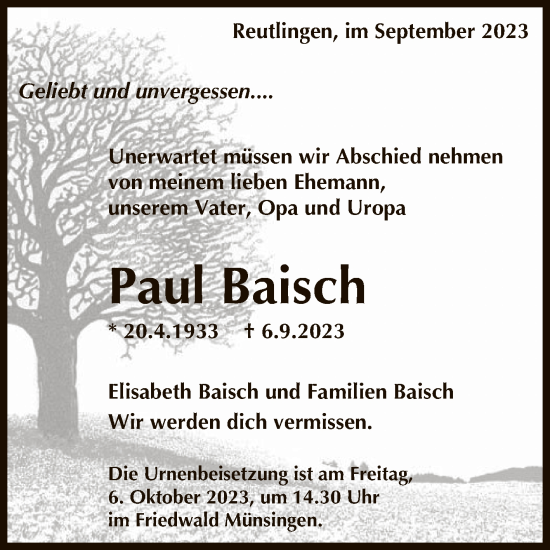 Anzeige von Paul Baisch von Reutlinger General-Anzeiger