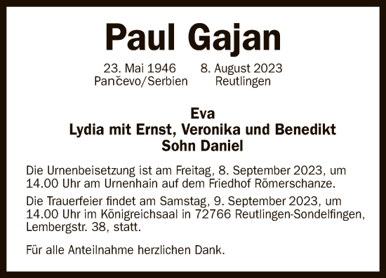 Anzeige von Paul Gajan von Reutlinger General-Anzeiger