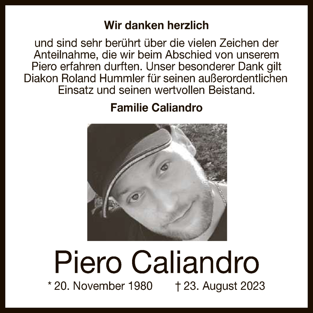  Traueranzeige für Piero Caliandro vom 02.09.2023 aus Reutlinger General-Anzeiger