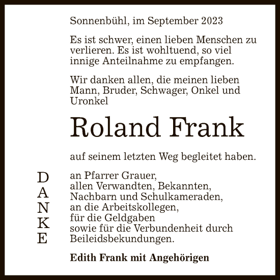 Anzeige von Roland Frank von Reutlinger General-Anzeiger