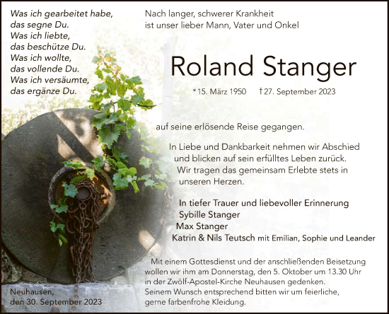 Anzeige von Roland Stanger von Reutlinger General-Anzeiger