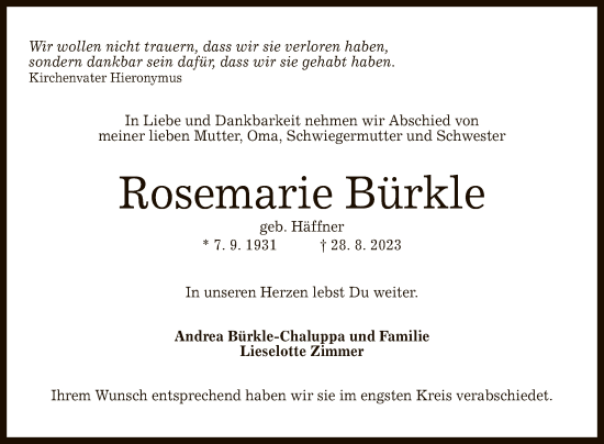 Anzeige von Rosemarie Bürkle von Reutlinger General-Anzeiger