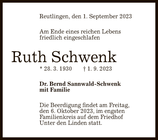 Anzeige von Ruth Schwenk von Reutlinger General-Anzeiger