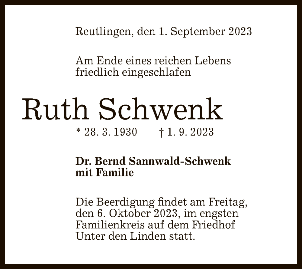  Traueranzeige für Ruth Schwenk vom 16.09.2023 aus Reutlinger General-Anzeiger