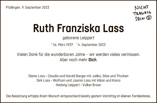 Anzeige von Ruth Franziska Lass von Reutlinger General-Anzeiger