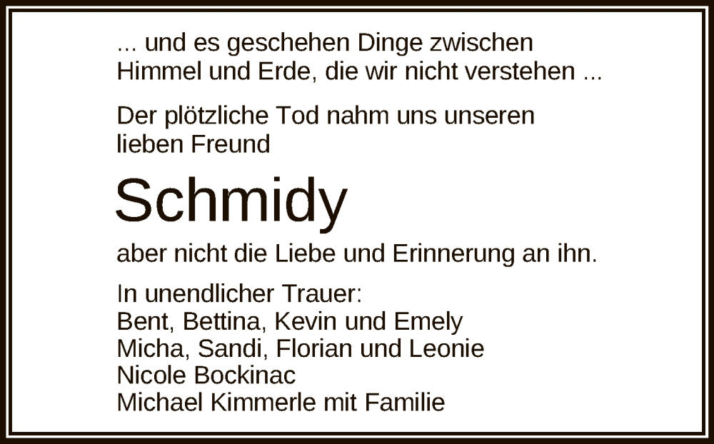  Traueranzeige für Schmidy  vom 19.09.2023 aus Reutlinger General-Anzeiger