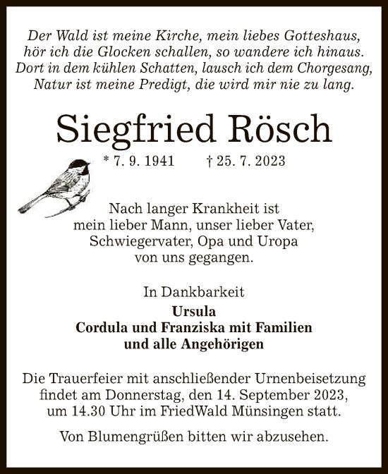 Anzeige von Siegfried Rösch von Reutlinger General-Anzeiger