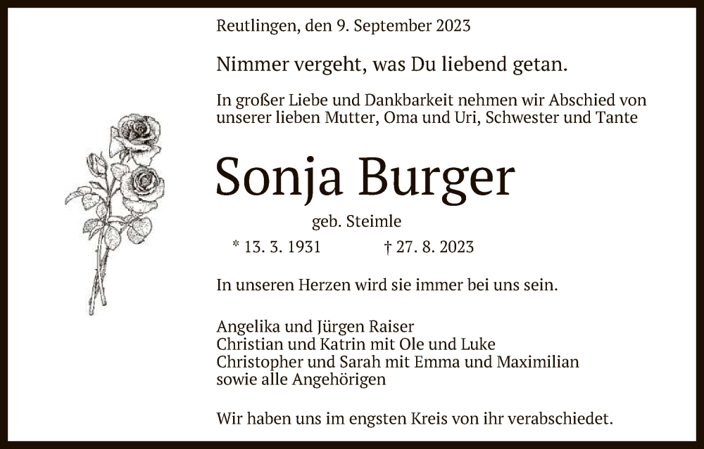  Traueranzeige für Sonja Burger vom 09.09.2023 aus Reutlinger General-Anzeiger