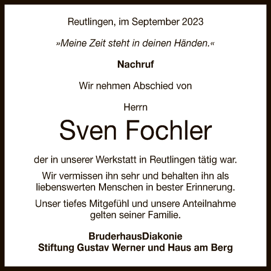 Anzeige von Sven Fochler von Reutlinger General-Anzeiger