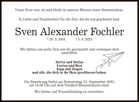 Anzeige von Sven Alexander Fochler von Reutlinger General-Anzeiger